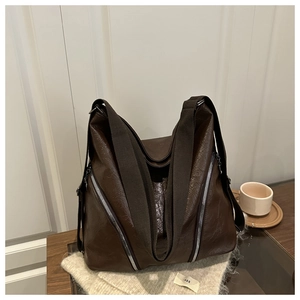 Sac cabas vintage en similicuir marron foncé avec fermetures éclair argentées