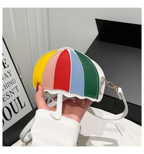 Detail of creative umbrella-shaped mini crossbody bag with multi-color patchwork panels