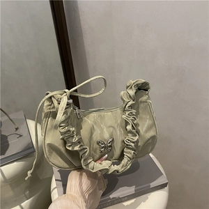 French Style Solid Color Ruched Hobo Underarm Shoulder Bag For Women New Butterfly Decor Pleated PU Leather Bag