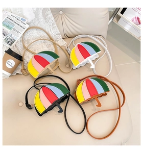 Detail of creative rainbow umbrella crossbody bag with colorful PU leather segments