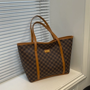 Large capacity brown checkered tote bag for women with leather handles and gold logo detail