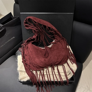 Women's Retro Suede Tassel Shoulder Bag Bohemian Fringe Hobo Bag Large Capacity Casual Commuting Tote Bag Underarm Bag