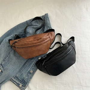 Minimalist vintage large capacity solid color PU leather chest bag in brown and black