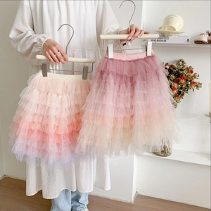 Rainbow gradient layered mesh tutu dress for girls with elastic waist and airy tulle design