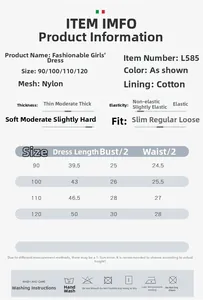 Size chart for girls' ballet dance dress including length, bust, and fabric details