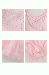 Justaucorps de ballet rose pour filles avec encolure en strass et dos ouvert en tulle