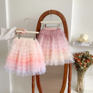 Girls Rainbow Gradient Tutu Skirt Layered Mesh Princess Cake Skirt For Birthday Party Summer Kids Toddler Tulle Skirt