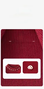 Detail view of wine red knit vest featuring round collar and white mushroom plush ornament