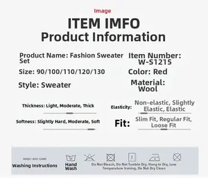 Detailed size chart and material guide for red girls bow knit sweater set