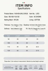Size chart and washing guide for girls ballet leotard with nylon mesh and cotton lining