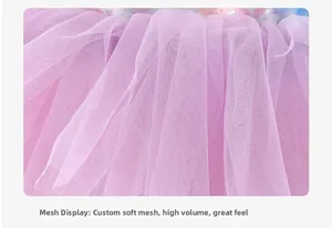 Detail of soft purple tulle tutu dress showing tiered mesh layers and sequin fabric