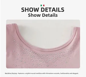 Detail of pink ballet leotard showing rhinestone collar and high-quality round neckline