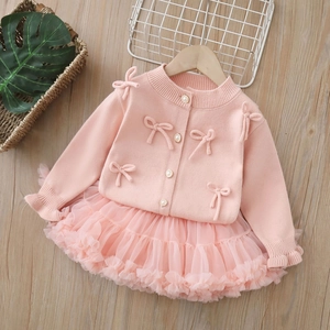 Completo da Principessa per Bambina Cardigan in Maglia e Gonna Tutu in Mesh a Strati Con Fiocchi Bottoni di Perla Artificial Primavera