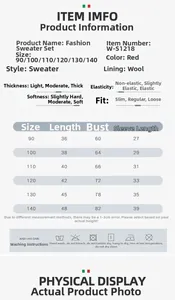 Size guide for girls red sweater set, detailing measurements from 90 to 140 cm