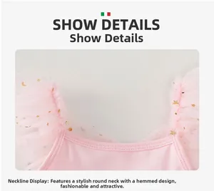 Macro view of pink ballet leotard neckline with gold star print on tulle ruffles