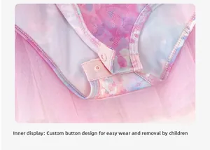 Detail of snap button closure and multi-layer pink tulle on kids ballet leotard