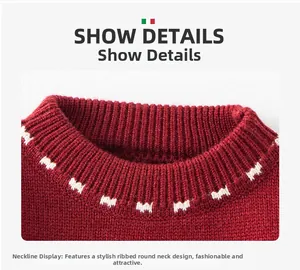 Detail of red knit sweater featuring a ribbed crew neck and white geometric jacquard pattern