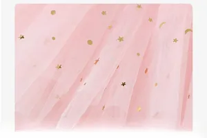 Detailed view of pink multilayered tulle skirt with gold star and moon sequins decoration