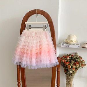 Girl's pink gradient tiered rainbow tulle tutu dress for birthday princess parties