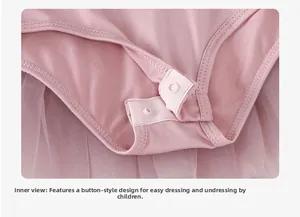 Detail of pink ballet leotard with bottom snap buttons for easy dressing and changes