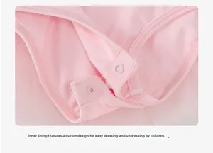 Close-up of baby ballet leotard featuring snap button closure at the crotch area