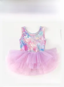 Detail of girls' sleeveless ballet tutu dress with rainbow dyed bodice and purple mesh skirt