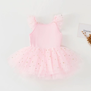 Detail of pink ballet tutu leotard with gold star moon sequins and mesh flutter sleeves