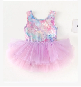 Detail of girls ballet leotard with watercolor bodice and tiered soft mesh tutu skirt