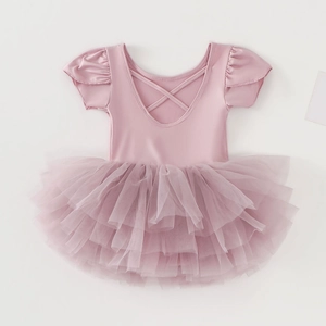 Detail of girls pink ballet leotard dress with ruffled sleeves and layered tutu skirt