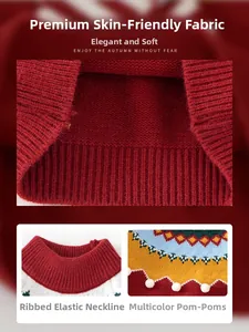 Detail of red knit sweater featuring colorful pom-pom accents and ribbed elastic collar