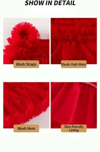 Detail view of red girls' tutu dress with starry mesh straps and elastic high waist