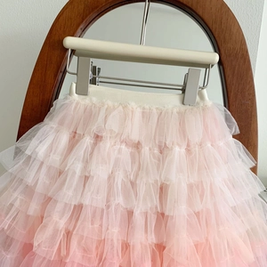 Detailed close-up of elastic waistband on layered pink tulle tutu skirt for girls
