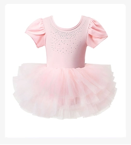 Close-up of pink girls ballet leotard featuring sparkling rhinestones and mesh tutu