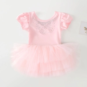 Detail of pink girls ballet leotard with sparkling rhinestones and layered tulle tutu