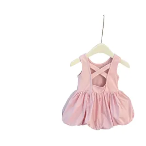 Pink sweet baby girl dress with crossover back straps and puffed bubble hem skirt