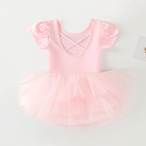 Detail of pink girls ballet leotard with sequined mesh back and puffy tulle tutu skirt