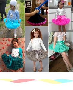 Collage of colorful children's tutu skirts with large satin bows in various settings