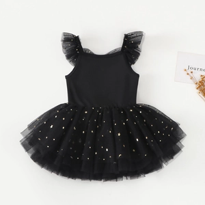 Detail of black kids ballet leotard with flutter sleeves and gold star moon sequins