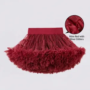 Jupe tutu bordeaux scintillante pour filles avec paillettes argentées et taille élastique