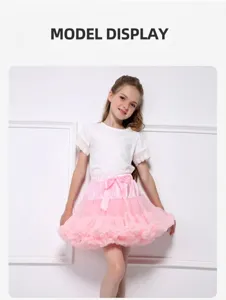 Girl wearing white lace sleeve T-shirt and pink layered tulle tutu skirt with satin bow