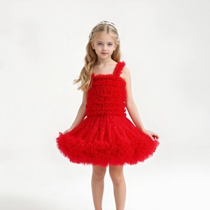 Detailed view of red tiered tulle tutu dress with ruffled bodice for young girls