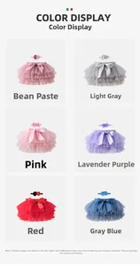 Detailed color display of tiered mesh tutu skirts and floral headbands in six pastel shades