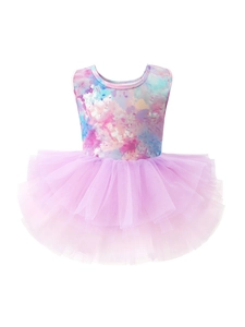 Girls Ballet Leotard Tutu Dress Tie Dye Printed Colorful Mesh Skirt Sleeveless Dance Performance Costume For Kids