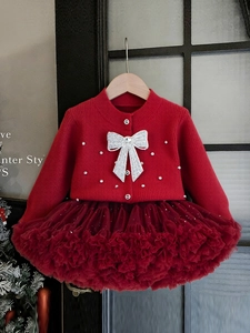Girls New Year Christmas Sweater Tutu Skirt Set Rhinestone Sequin Bow Knit Cardigan Princess Petticoat Outfit For Kids