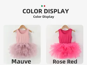 Detail view of pink and rose red toddler ballet tutu dresses on wooden hangers