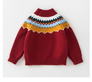 Detail of red festive knit sweater showing colorful geometric patterns and ribbed collar