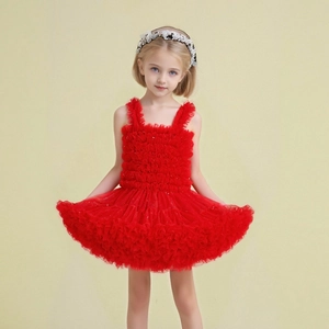 Detail of red tutu dress for girls with layered mesh tulle and floral lace headband