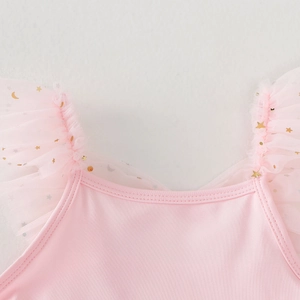 Detailed view of pink dance leotard with star sequins and mesh flutter sleeves