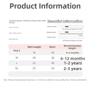 Detailed size chart for baby girl mesh tutu skirt with measurements in centimeters