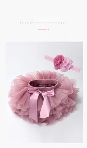 Pink tiered mesh baby tutu blooper shorts set with matching 3D flower headband